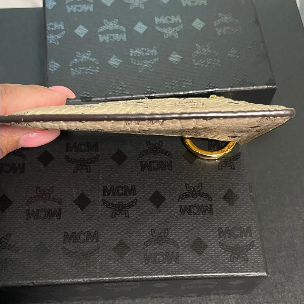 MCM Tan Monogram Key Holder with Gold Chain